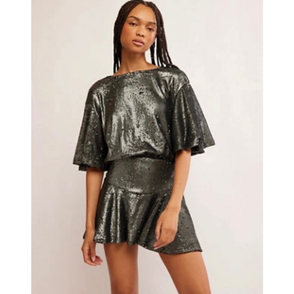 Free People Metallic Dark Green Sequin Mini Dress